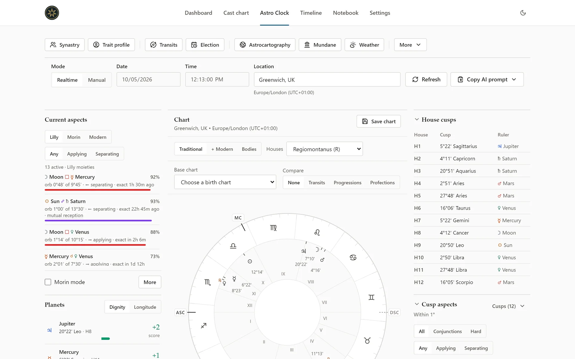 Astro Clock workspace: the grouped Tools bar, Realtime and Manual controls with date, time and location, Current aspects with Lilly orbs, the chart, and the house cusps