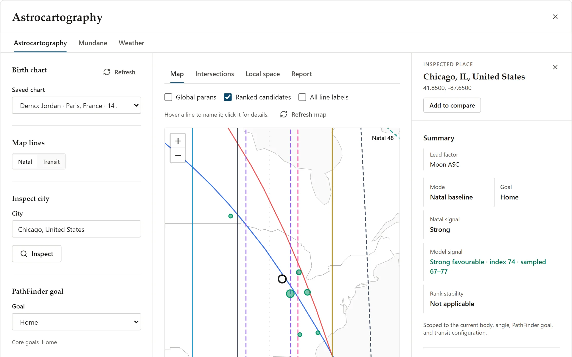 Astrocartography in Vox Stella: a saved birth chart, the PathFinder goal Home, planetary lines on the map with ranked candidate cities, and the side inspector for Chicago